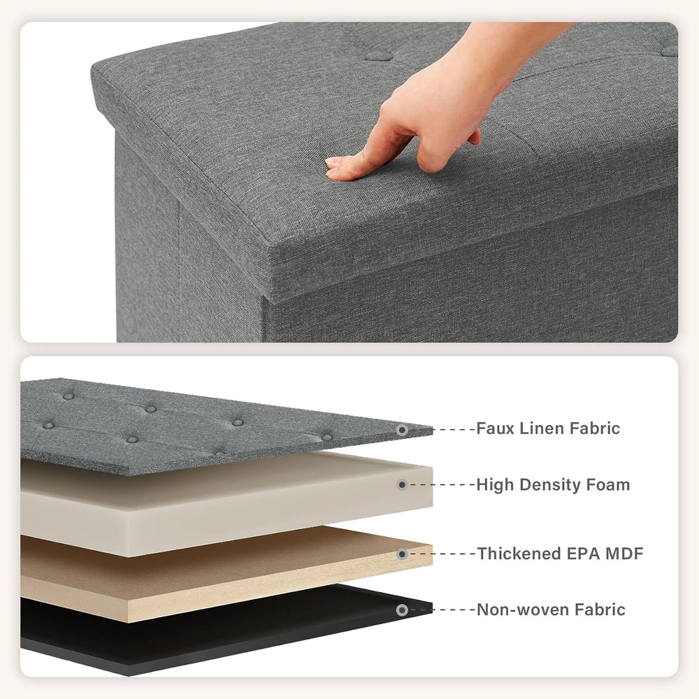 PINPLUS Folding Storage Ottoman Bench, Grey Linen | Linen Storage Chest with ...