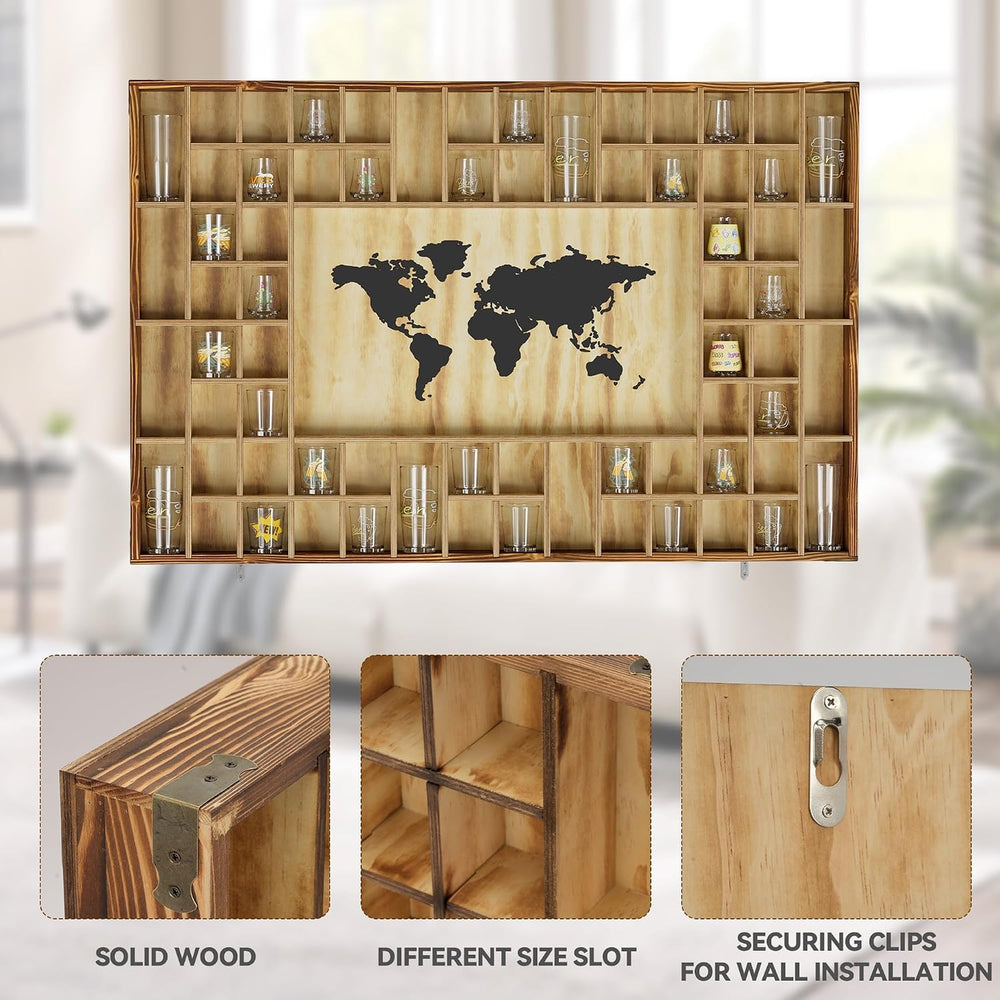68 Large World Map Shot Glass Display Case Rustic Shot Glass Holder 37x 24.4i...