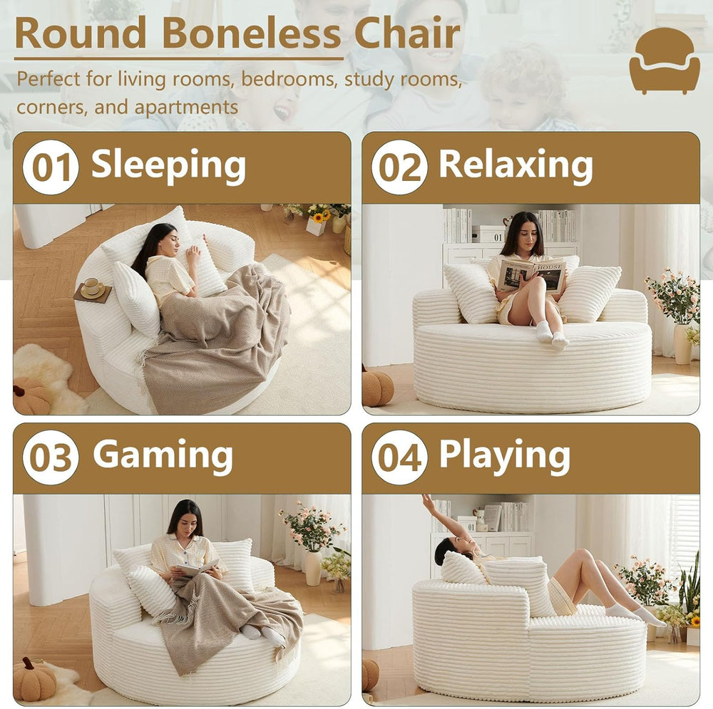 55''L Oversized Round Chaise Longue Chair Indoor, Corduroy Sponge Sin...