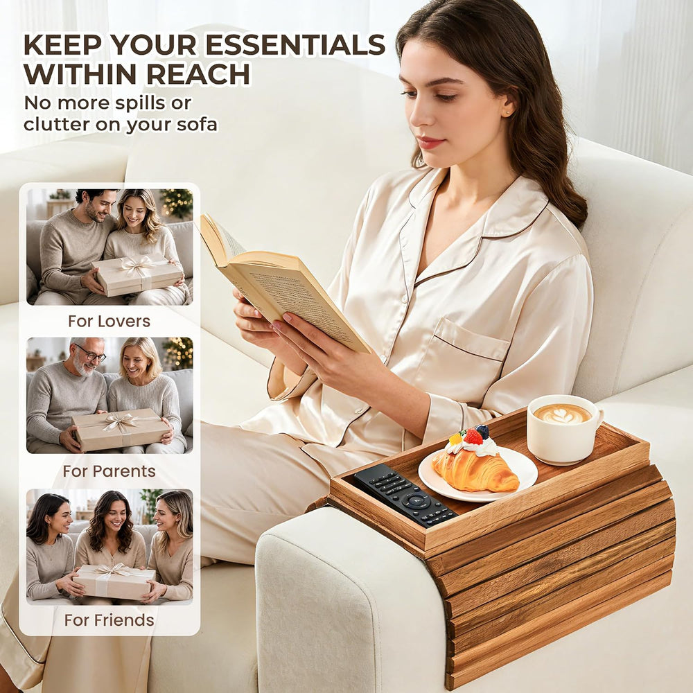 LOVYANXUE Acacia Wood Sofa Arm Tray, Foldable Couch Armrest Table with Anti-S...