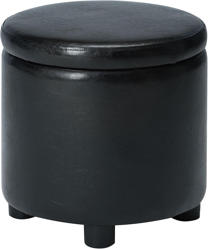 Convenience Concepts Designs4Comfort Accent Storage Ottoman 15.75" - Round Modern Upholstered Foot Stool with Tray Lid for Living Room, Family Room Storage Ottoman Seat, Black Vegan Leather