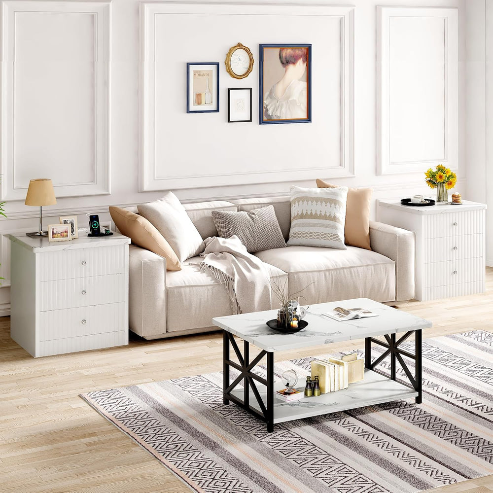 AWQM White Nightstand Set of 2, Night Stand with Charger Station and 3 Drawer...