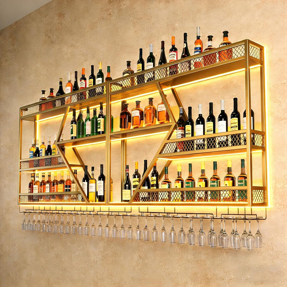 Wall Mounted Wine Rack, 71 Inch, 3-Tier Metal Bottle Shelf with Wine Glass Ho...