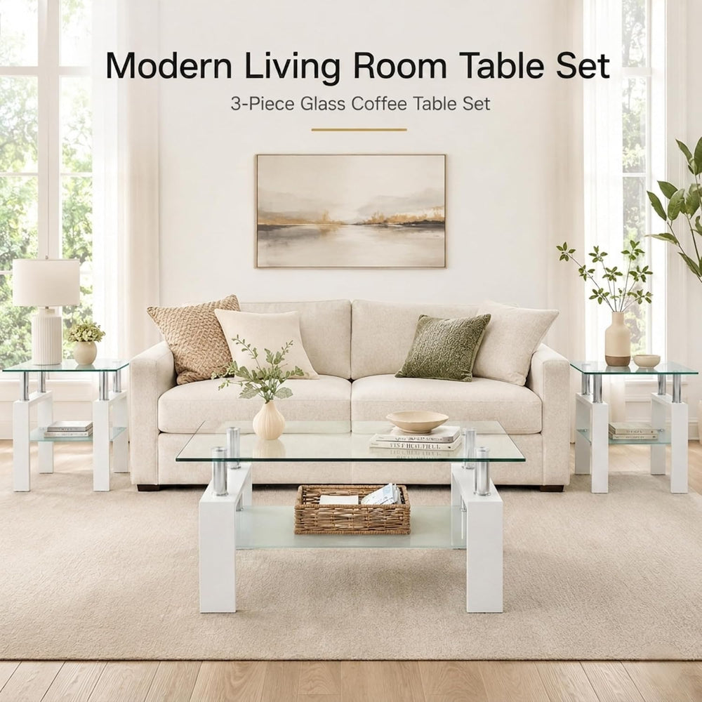 Meihua 3-Piece Glass Coffee Table Set, Center Table with 2 End Tables | Tempe...