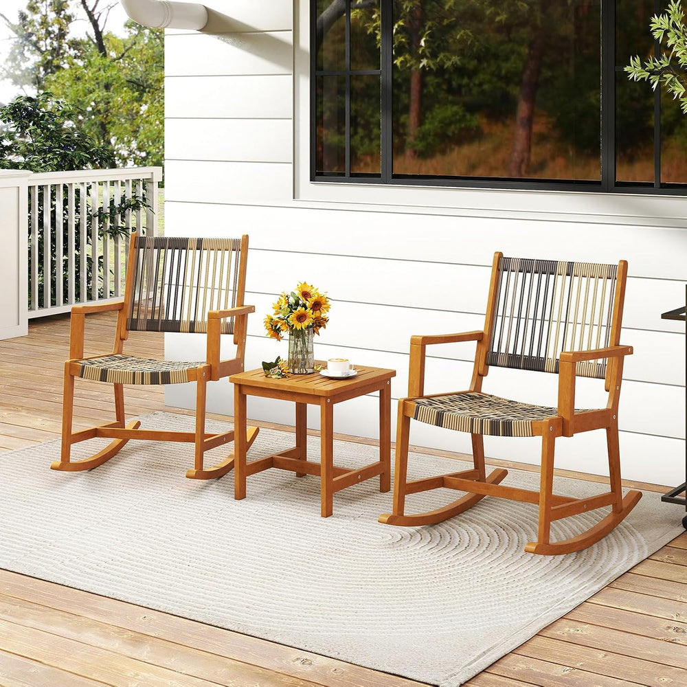 HAPPYGRILL 3 Pieces Rocking Bistro Set, PE Rattan Front Porch Chairs with Cof...