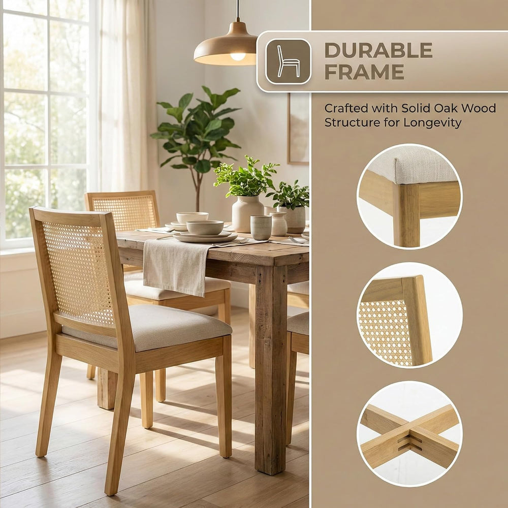 Farmhouse Rattan Dining Chairs Set of 4, Natural Solid Hardwood Frame, Uphols...