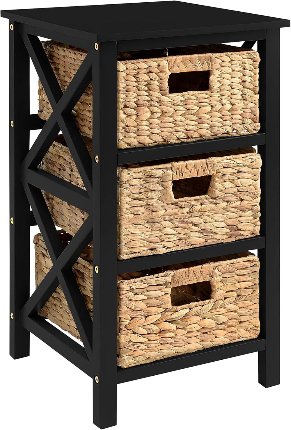 eHemco 3 Tier X-Side End Table with Wicker Baskets for Bedside, Living Room, ...