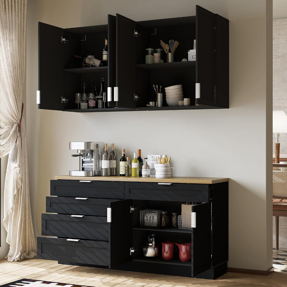 WOODTIME Wall Mounted Cabinet and Pantry with Countertop, Wooden Modern 2 Pie...