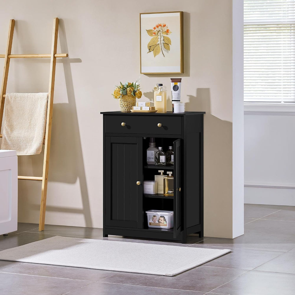 Yaheetech Black Slatted Bathroom Storage Cabinet with Drawer & Double Doors