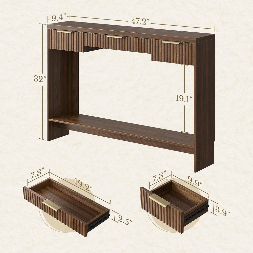 Entryway Console Sofa Table with 3 Drawers, Black Walnut | Fluted Entryway Ta...