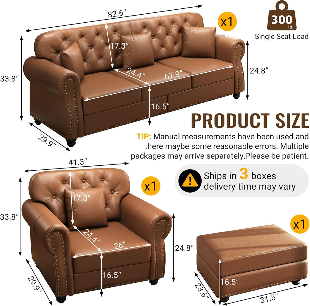 KEIKI 2-Piece Chesterfield Sofa Set with 1 Faux Leather 3-Seater Sofa & 1...
