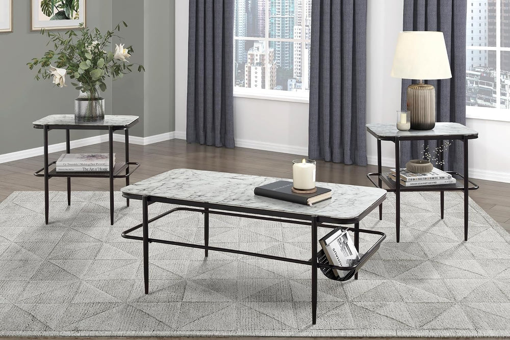 3pc Occasional Table Set with Tempered Glass and Metal Base | Includes 1 coff...