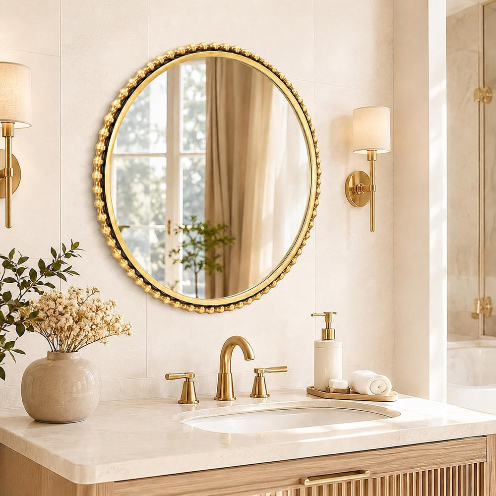 30" Round Bathroom Mirror, Antique Gold Bold Beaded Frame