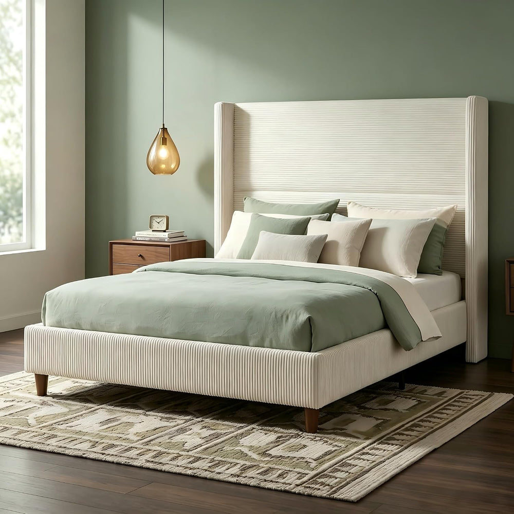 WEUP Queen Size Bed Frame with 56 Inch Corduroy Wingback Headboard, Cream