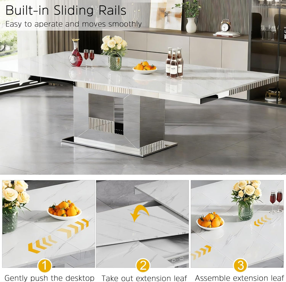 94 in Large Extendable Dining Table for 6 8 10, White Marble Pattern Top &...