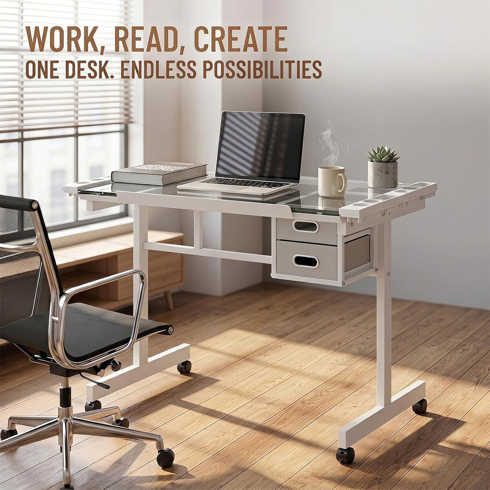 Adjustable Drawing Table for Adults, 0-70° Tilt Glass Top Artist Desk with 2 ...