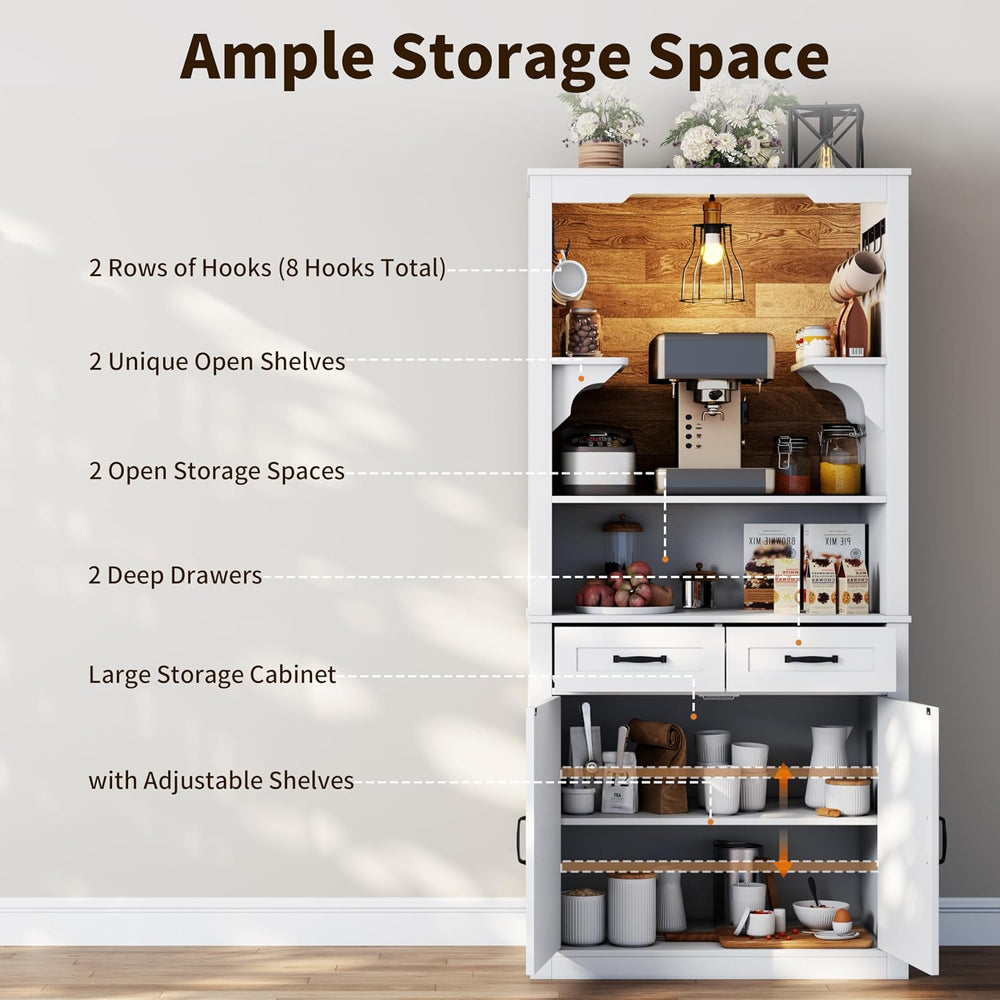Farmhouse Coffee Bar Cabinet with Led Light - 70.8'' Tall Coffee Hutc...
