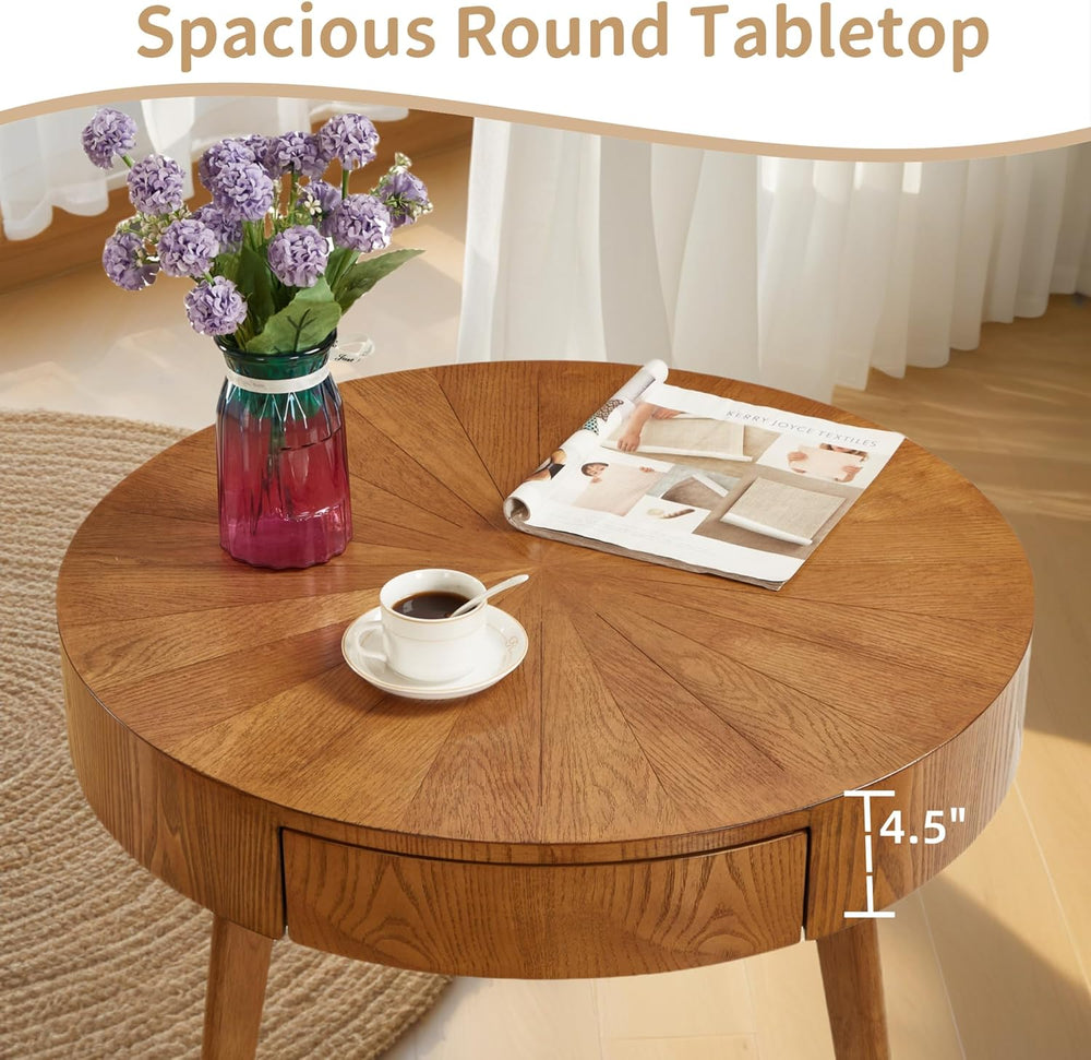 Round Wood Coffee Table for Living Room, Modern Farmhouse Table with Drawer, ...