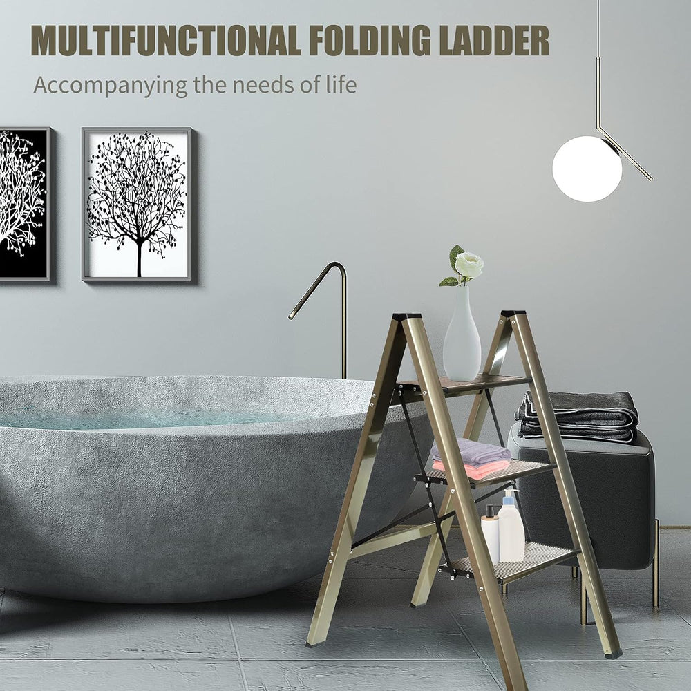 3-Step Aluminum Lightweight Folding Step Stool Ladder with Anti-Slip and Expa...