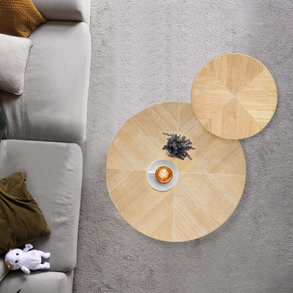 Wnutrees Farmhouse Round Coffee Table, Rustic Sofa Side Tea Set, Natural | 2 ...