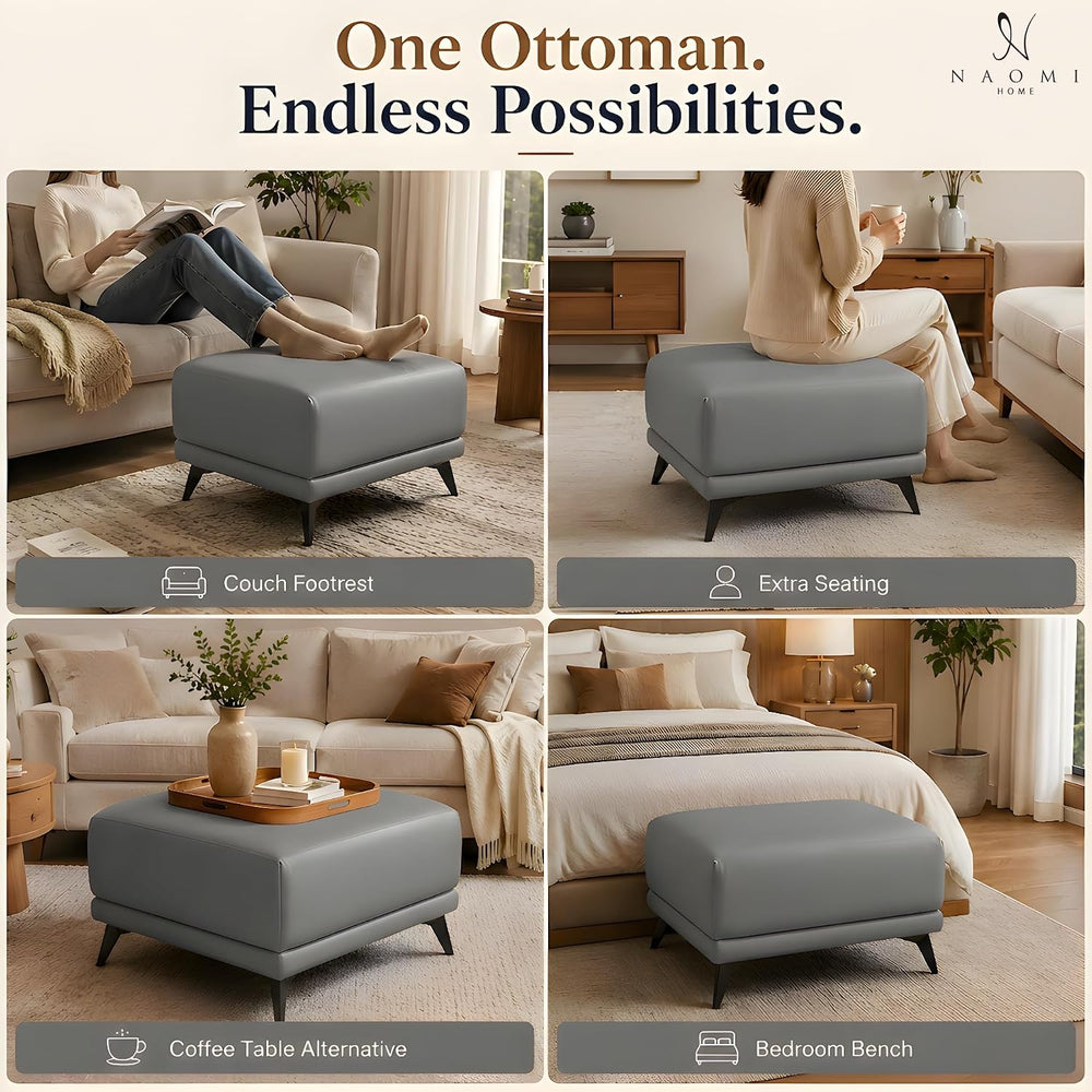 Naomi Home Dora 29.5" Square Ottoman | Synthetic Leather Footstool, Couc...