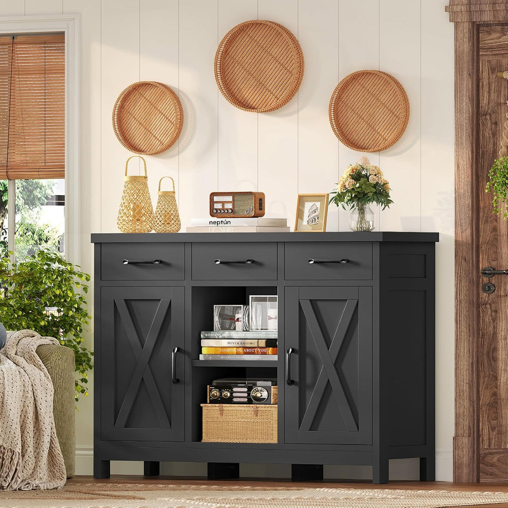 TEENFON Coffee Bar Cabinet with 3 Drawers, Farmhouse Buffet Cabinet