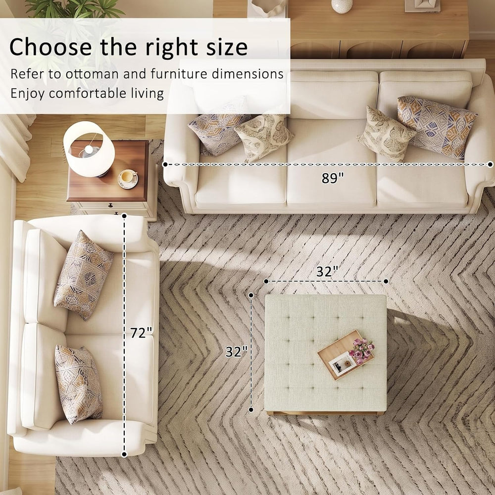 Befurtori Ottoman with Storage Bench, Linen Ottoman Coffee Table, Ivory | Sol...