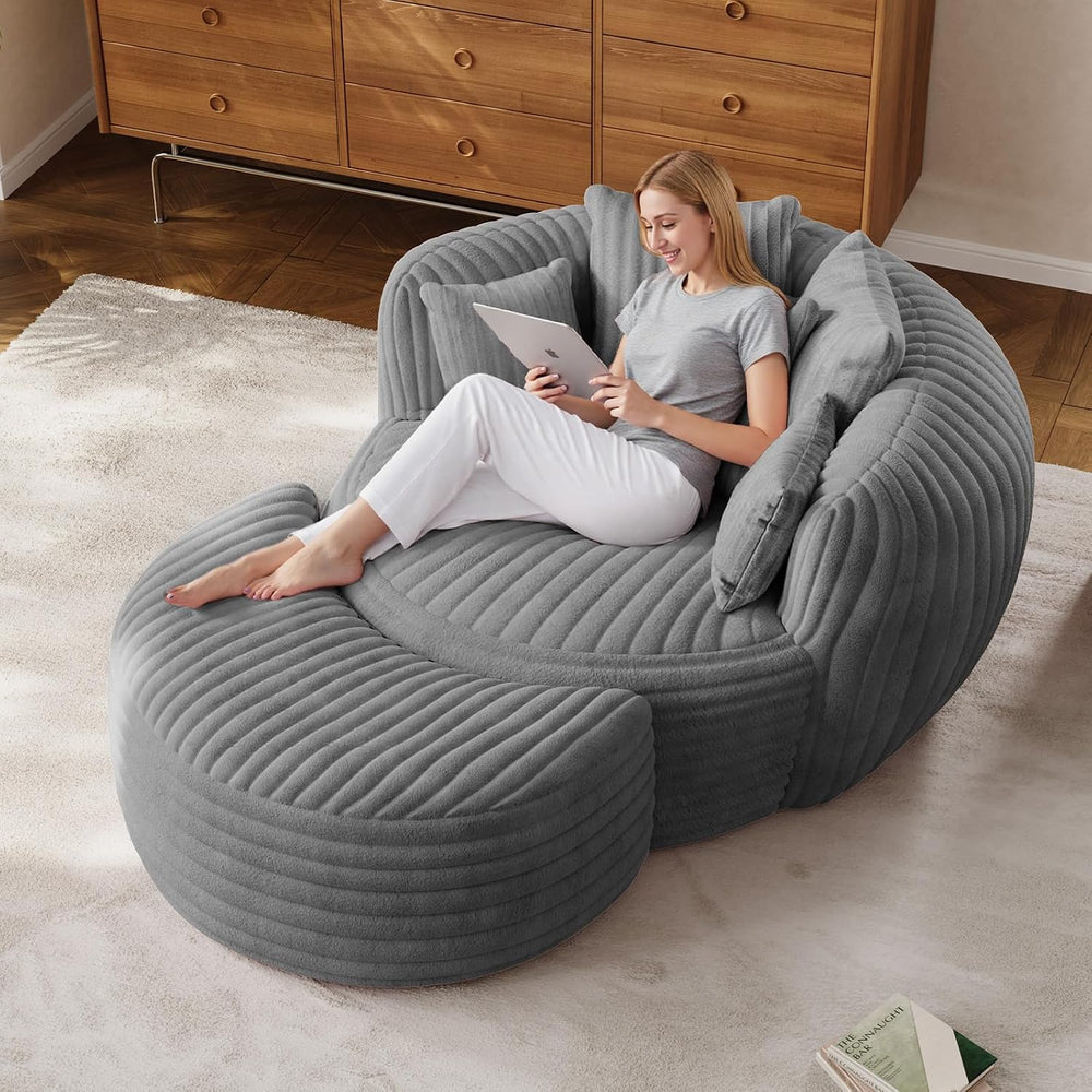 ONEMMLION 50" Oversized Round Chaise Lounge with Ottoman, Corduroy, Grey...
