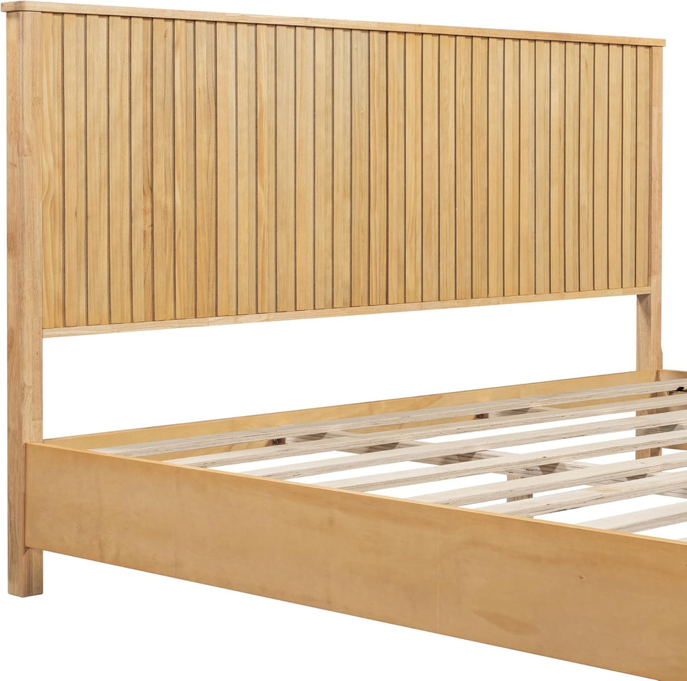 Merax King Size Bed Frame with Reeded Headboard, Natural Wood Platform Bed Fr...
