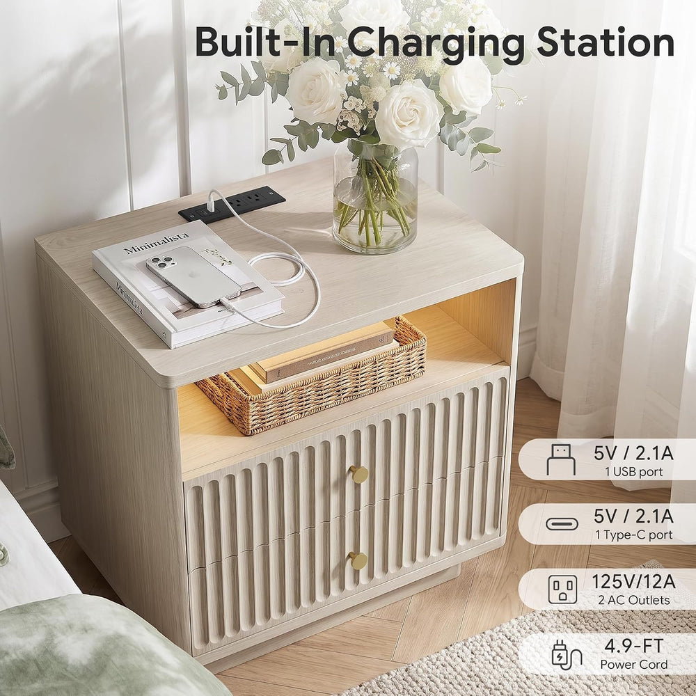 PAPROOS 23'' Fluted Nightstand Set of 2 with Charging Station, Modern...