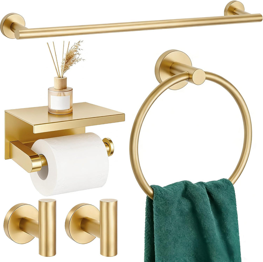 5 Pieces Bathroom Hardware Accessories Set Brushed Gold, 24Inch Bathroom Towe...