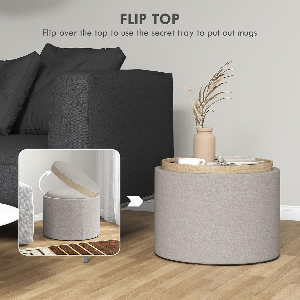 HOMCOM Round Storage Ottoman with Flip Top Tray, Footstool, Light Gray | Upho...