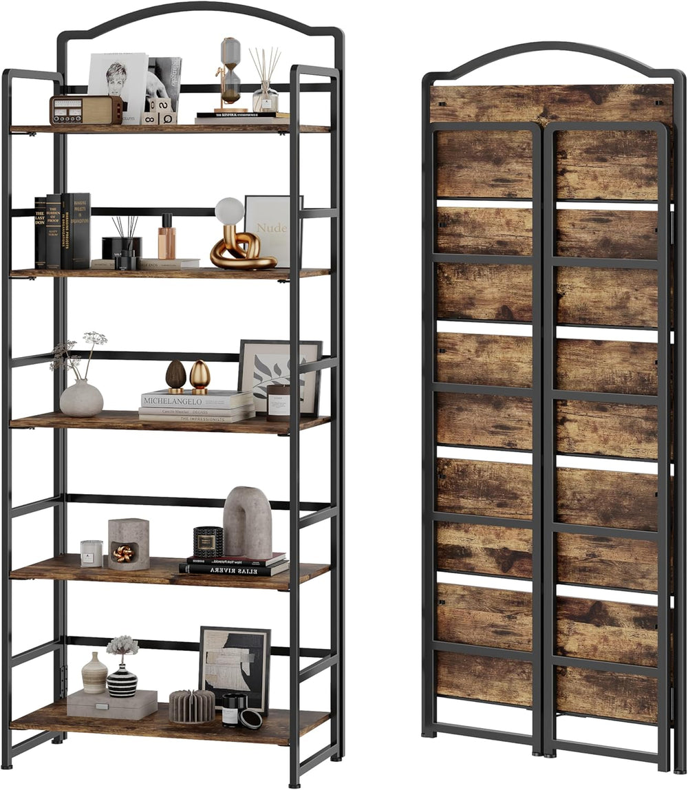 JSB 5 Tier No Assembly Folding Bookshelf, Arched Bookshelf, Foldable Bookcase...