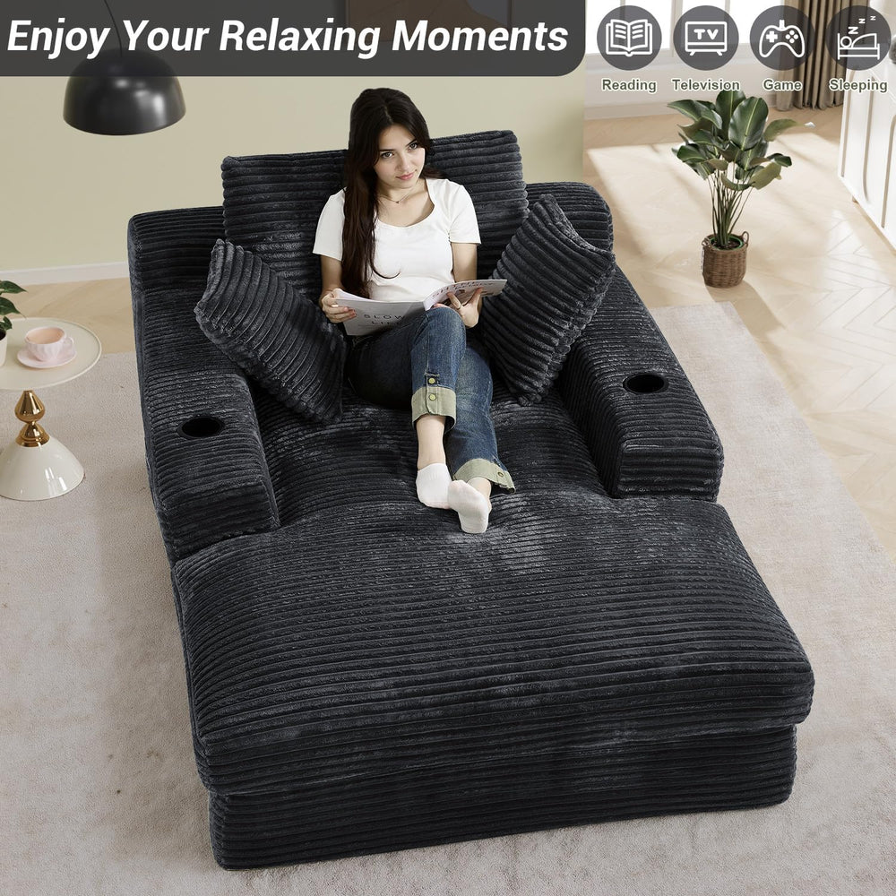 49" x 76" Corduroy Chaise Lounge, Cup Holders, Dark Gray | Super-ov...