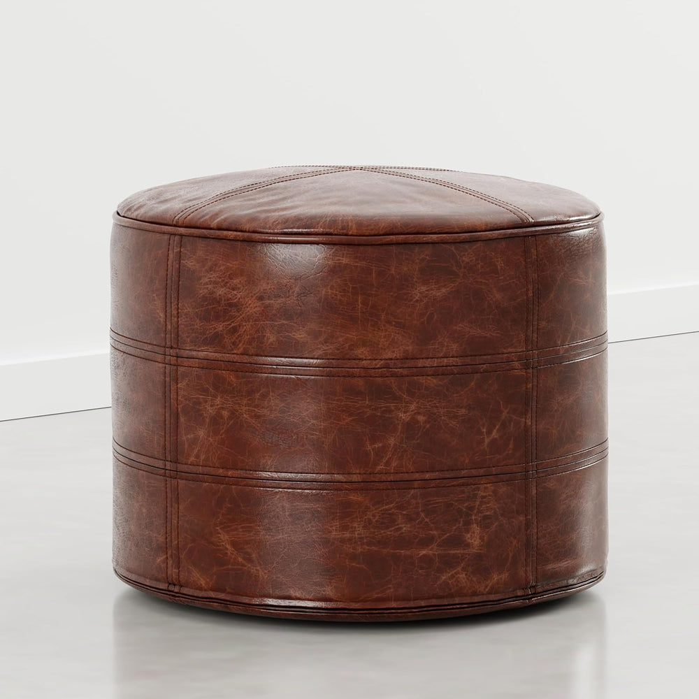 SIMPLIHOME Connor 18" Wide Genuine Leather Round Pouf in Weathered Camel...