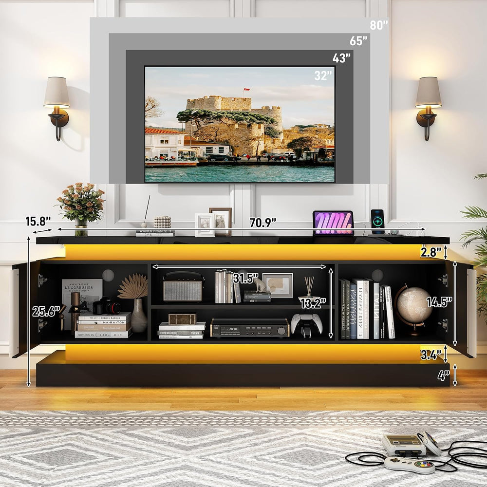 St.Mandyu 71" 2 LED TV Stand for TVs 85 inch,High Gloss Gaming Tall Ente...