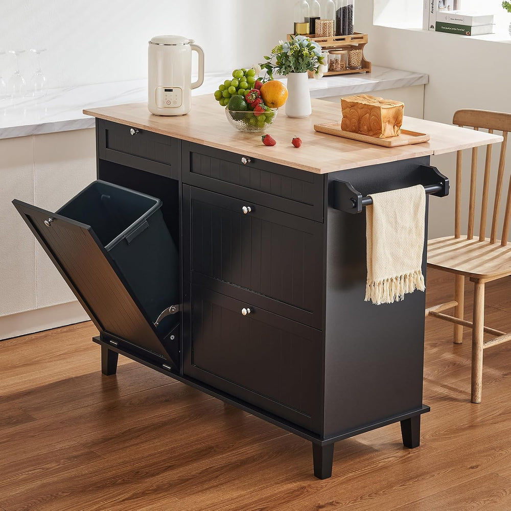 VEVOR Kitchen Island Cart, 50" Wood Top Breakfast Bar with Trash Cabinet...