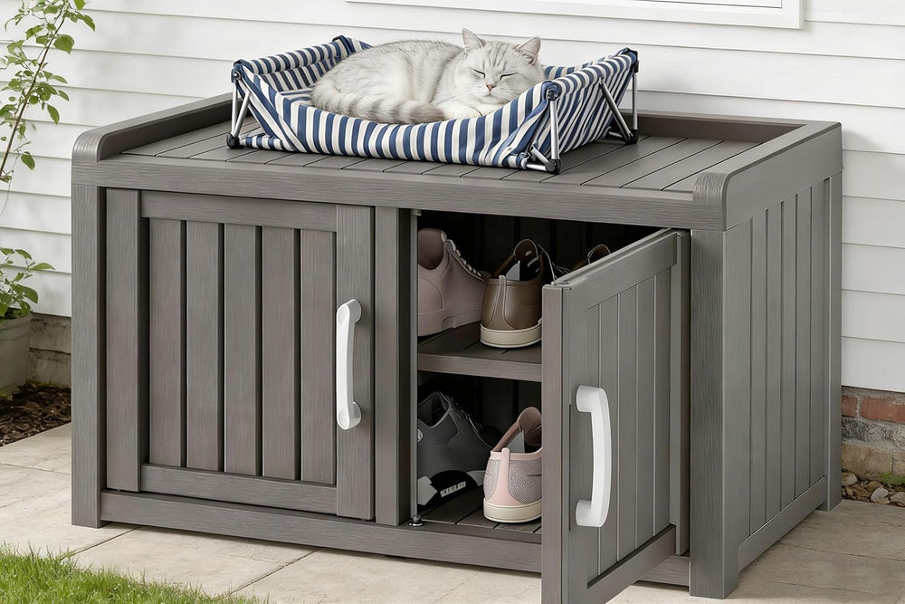 2-Tier Storage Bench, Waterproof UV-Resistant Outdoor Shoe Storage Cabinet wi...