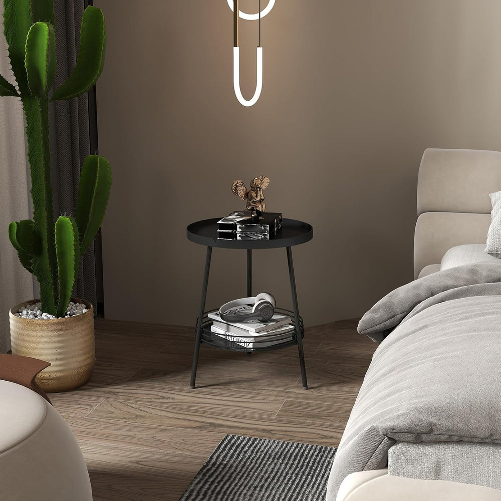 Benkyo 2 Tier Black Metal Round Side Table Tiered Two Shelf Storage Coffee So...