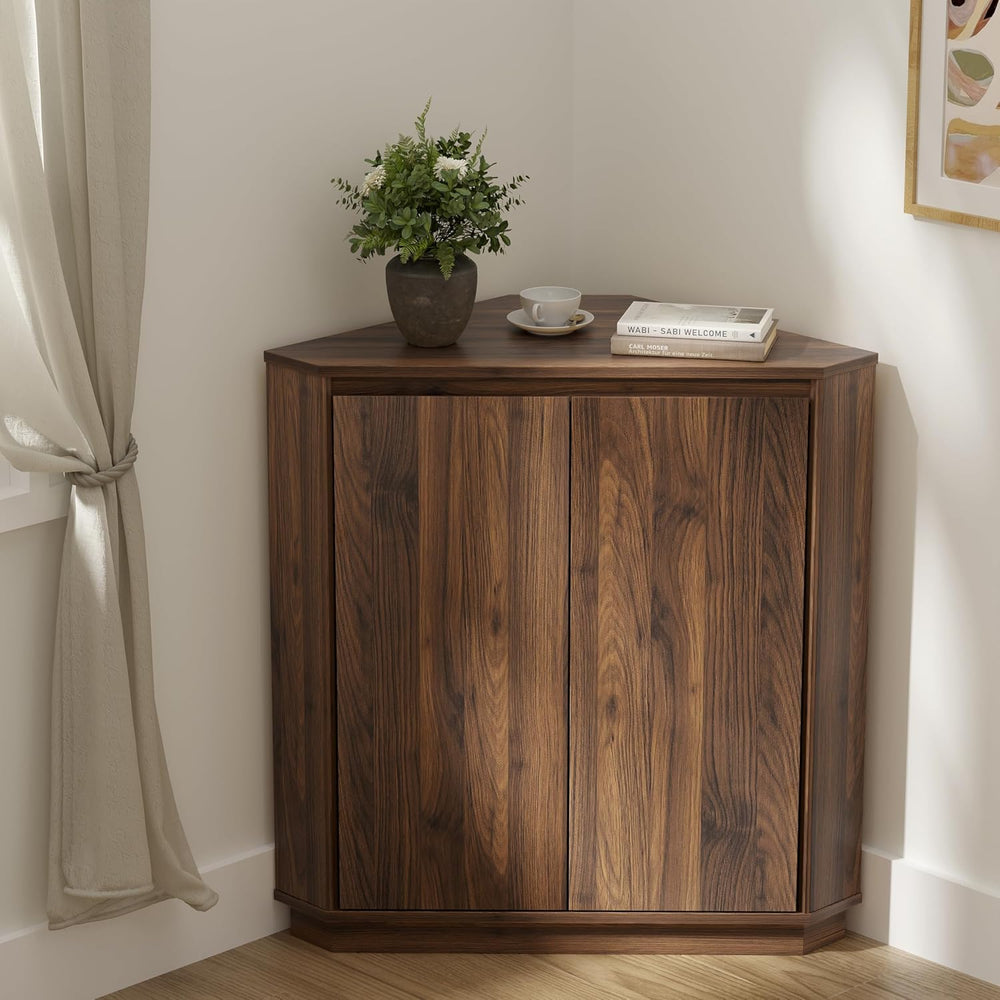 Corner Storage Cabinet, Small Corner Floor Cabinet with 2 Doors and 2-Tier Sh...