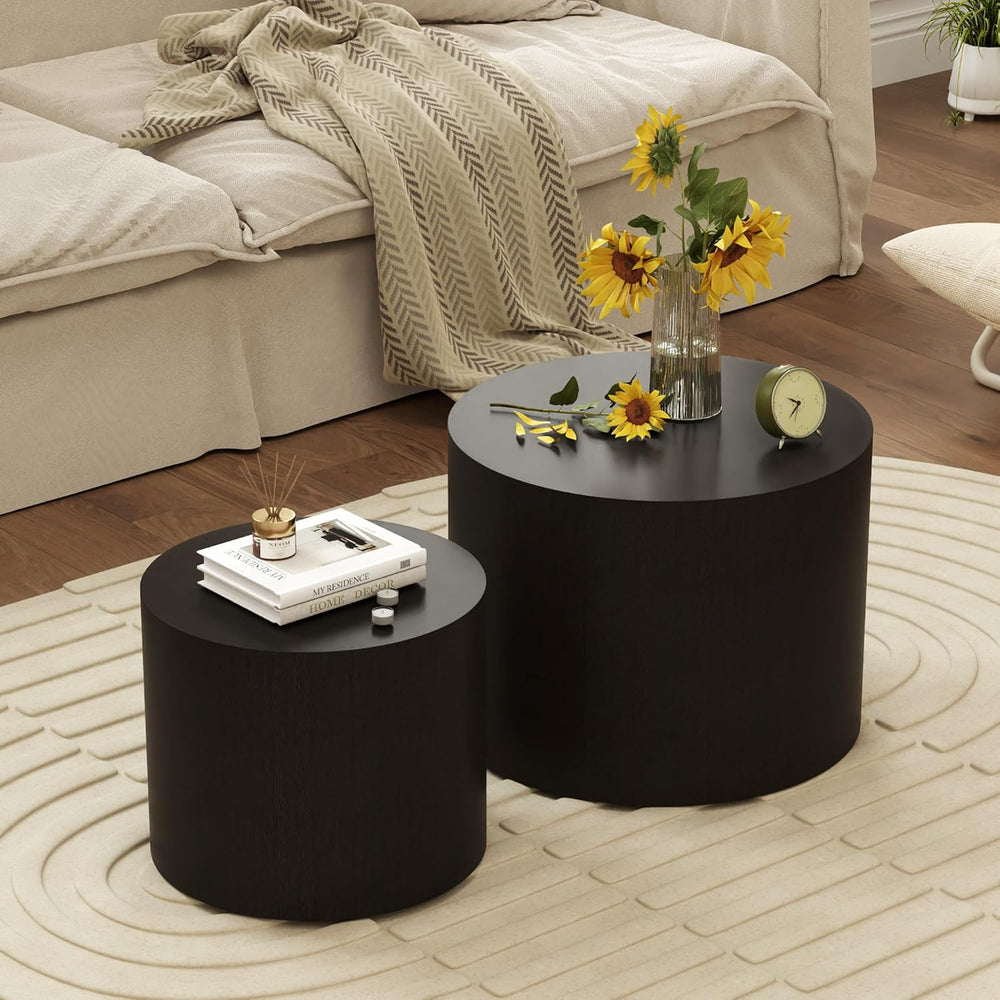 Nesting Coffee Table Set of 2, Round Coffee Table, Black | Modern Wooden Circ...
