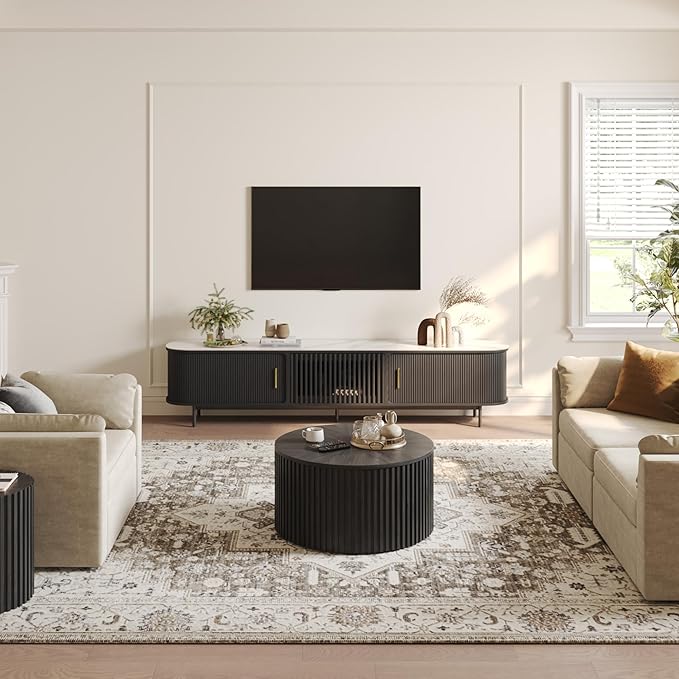 POVISON Fully-Assembled Sliding Tambour Door TV Stand, Mid Century Modern Sin...