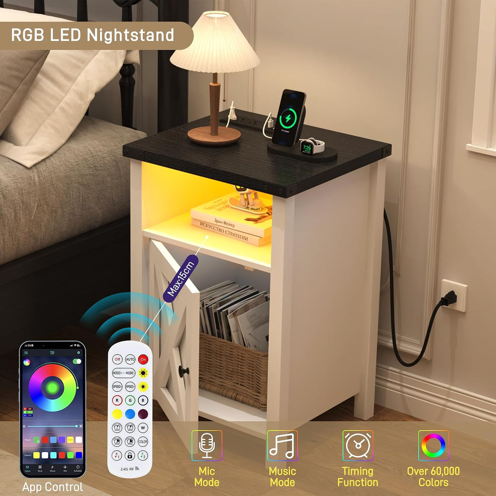 Hlivelood Farmhouse LED Nightstand Set of 2 with Charging Station, Rustic End...