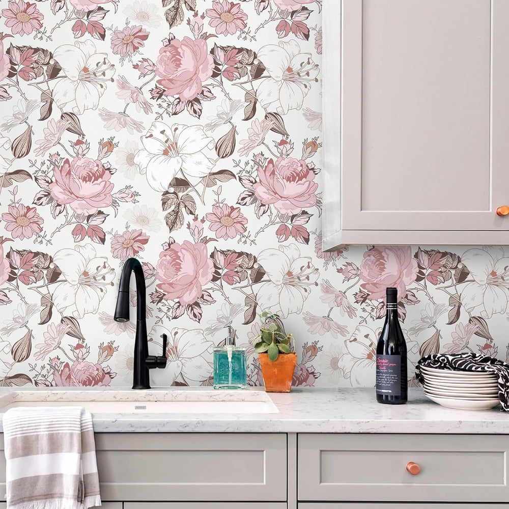 Hopepak Pink Floral Peel and Stick Wallpaper, 16.1" x 394"