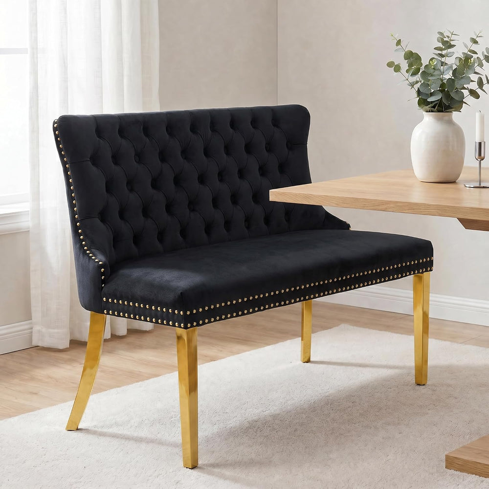 Upholstered Dining Bench with Back, Black, Gold Finish Steel Legs | Tufted Lo...