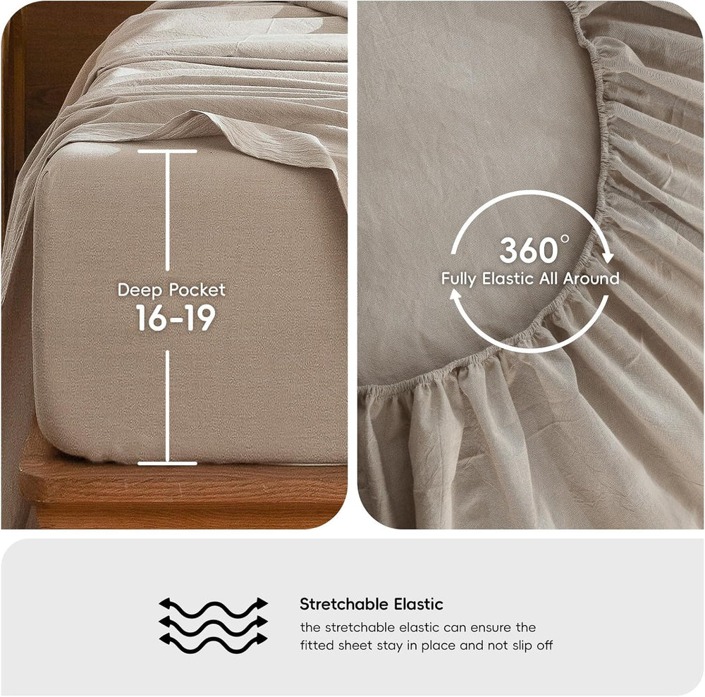 MooMee Sheet Set 100% Washed Cotton Linen-Like Extra Deep Pocket King