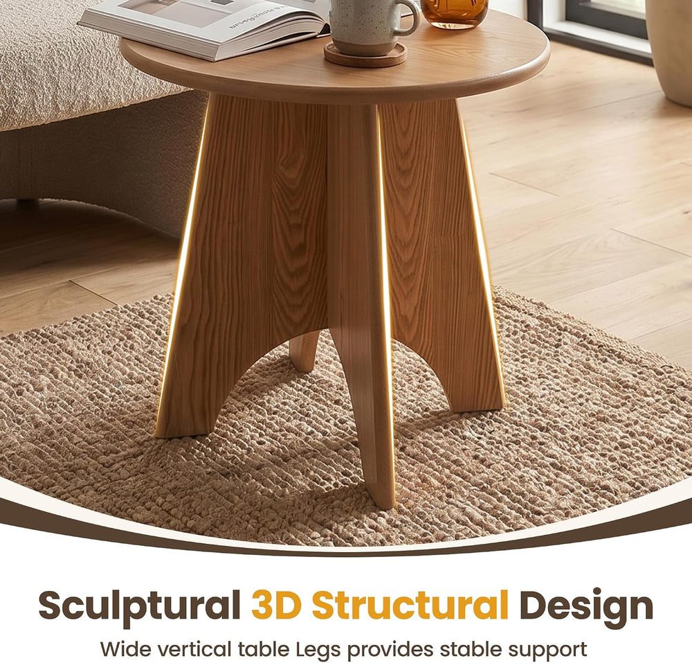 Round Side Table with Unique Panel Leg Design, Sturdy Nightstand for Bedroom,...