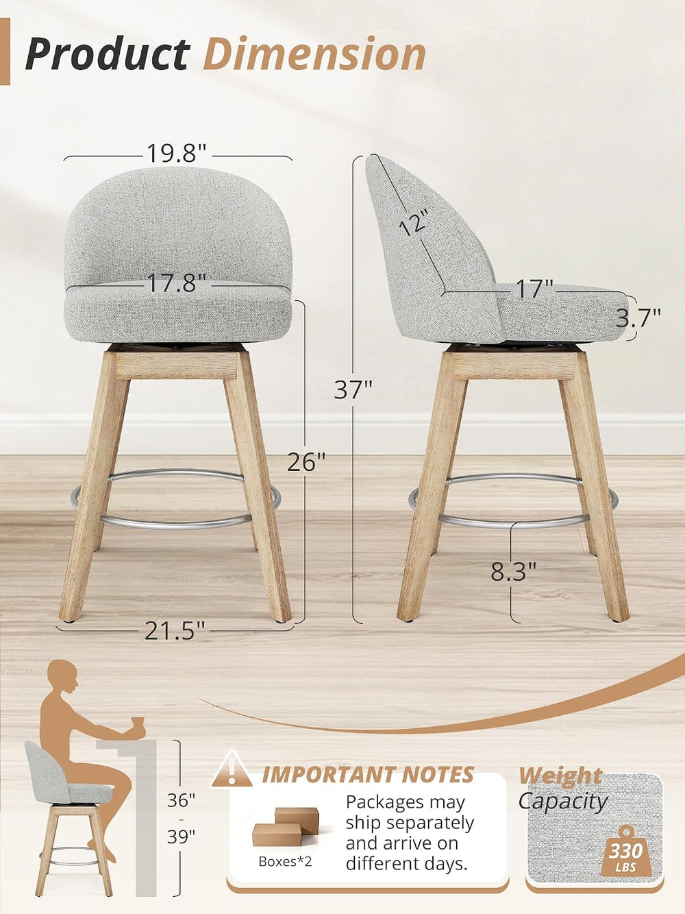 LUE BONA 360° Swivel Bar Stools Set of 4, 26" Wood Legs, Fabric Light Gray