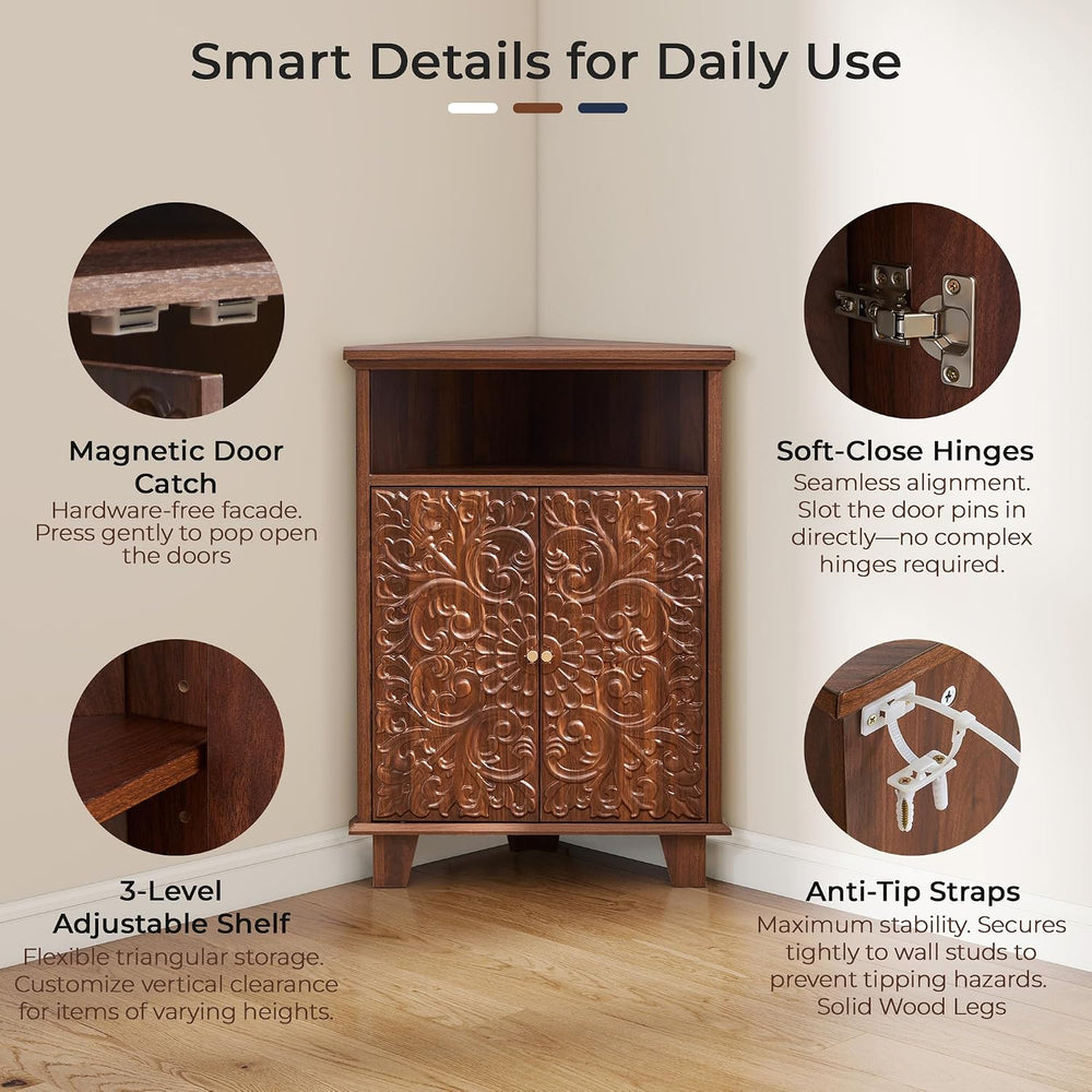 Corner Storage Cabinet, 31.5" Floral Accent Cabinet, Small Spaces, Walnut