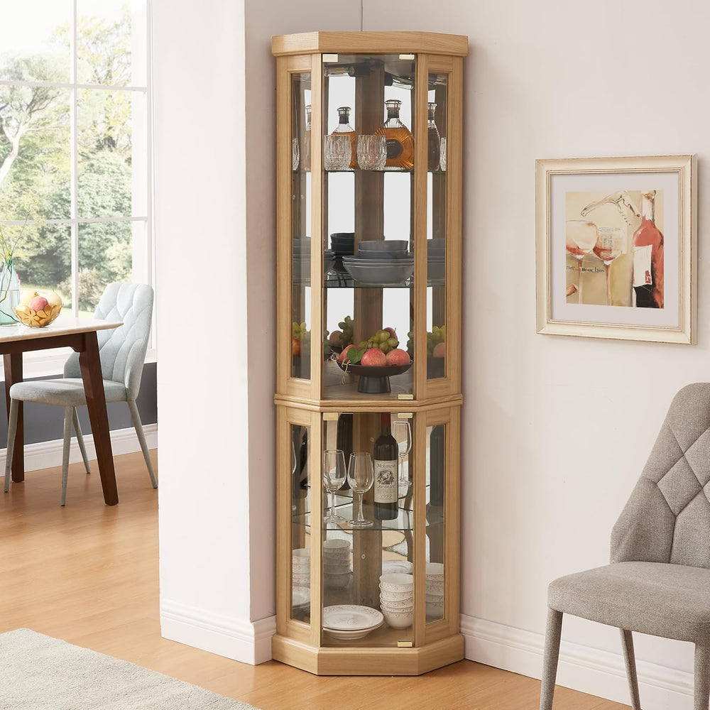 Tall Corner Cabinet with Glass Doors, Lighted Glass Display Curio Cabinet wit...